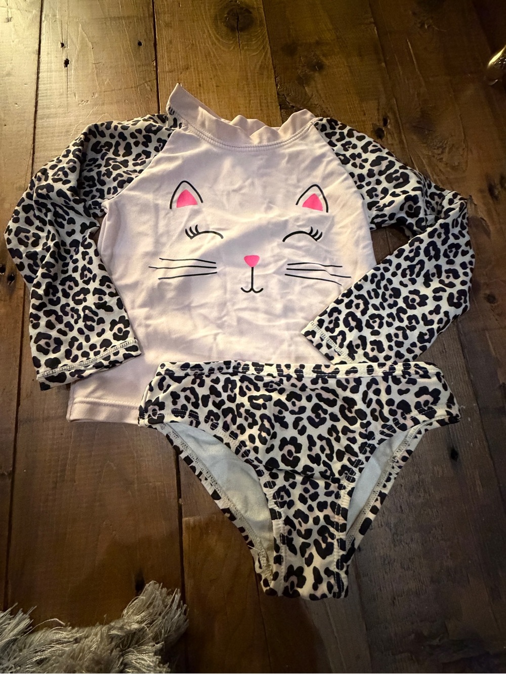 Children's Place Pink Kitty Leopard Sleeve Swimsuit rashguard w/bottoms 18-24M